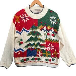Huntington Ridge Vintage Christmas Holiday 3D Hand Knit Crewneck Sweater Women 5